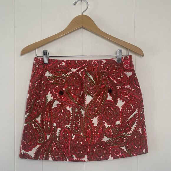 J. CREW Sz 0 Cotton Blend Paisley Mini Skirt Pockets Red/Green Holiday Fall - Picture 4 of 16